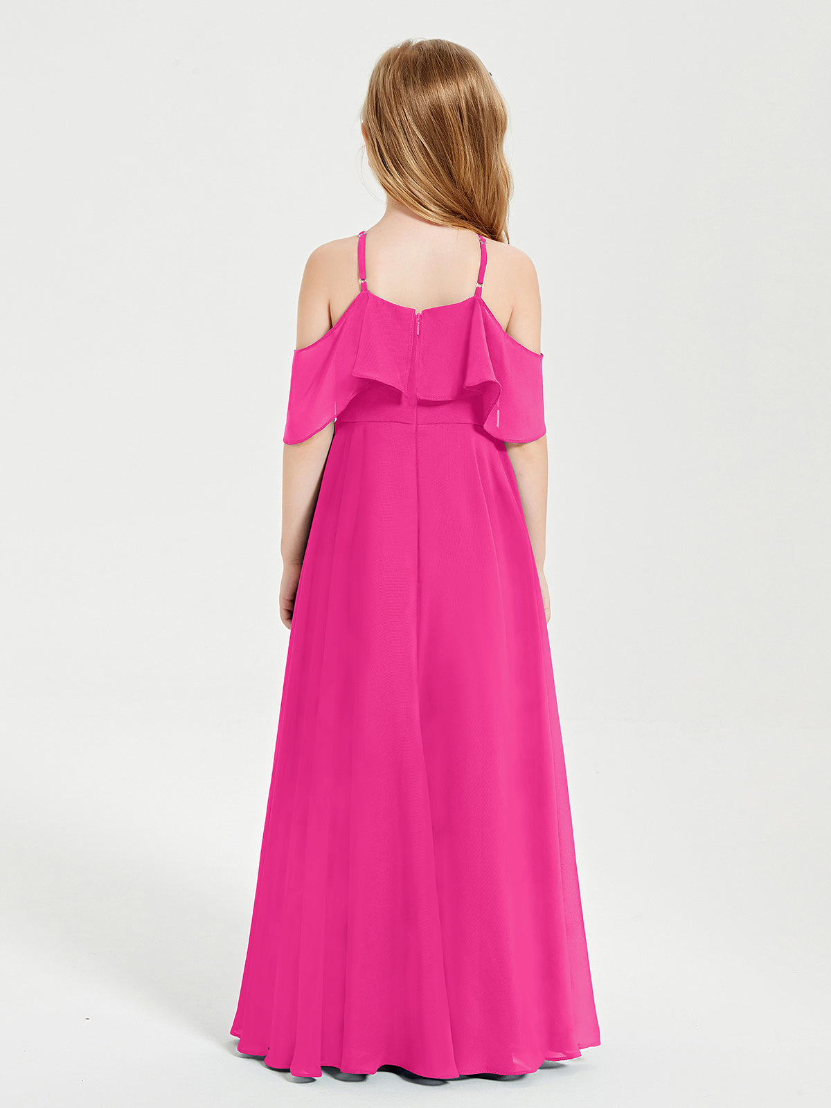 Off the Shoulder Long Junior Bridesmaid Dresses Fuchsia